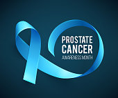 Banner for Prostate cancer awareness month in nowember. Poster with realistic blue ribbon. Design template for poster. Vector illustration.