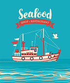 Vector banner or menu for a seafood shop or restaurant with a ship against the blue seascape. Decorative vector illustration of a side view of a fishing boat or a trawler in a cartoon style