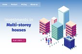 Banner Inscription Real Estate Agent Isometric. Selection Apartments Online. People are Discussing Possibility Buying an Apartment High-rise Building. Vector Illustration Landing Page.