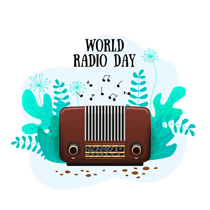 Banner international flat day radio isolated. Brown radio receiver in nature.
