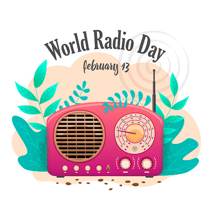 Banner international flat day radio isolated. Pink radio receiver in nature.