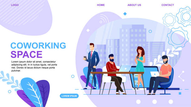 Banner is Written Coworking Space Landing Page. Banner is Written Coworking Space Landing Page. Modern Workspace for Creative People. People Work Near Panoramic Window, Background  View Big City. Business Workspace Vector Illustration. office backgrounds stock illustrations