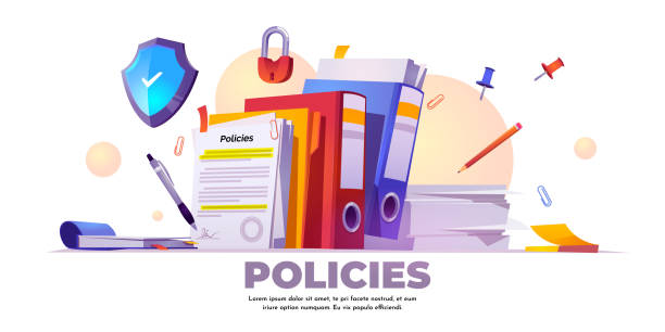 Banner of policies, rules and agreement Policies banner. Concept of business documents for law compliance, legal regulation quality and procedures. Vector landing page of guideline, rules and agreement with cartoon paperwork illustration strategy stock illustrations