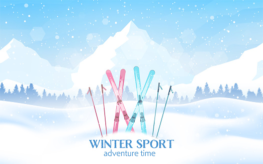 Banner of Winter Sport. Ski, poles. Mountain landscape. Travel concept of discovering. Adventure. Minimalist graphic flyer. Polygonal flat design for coupon, voucher, gift card. Vector illustration.