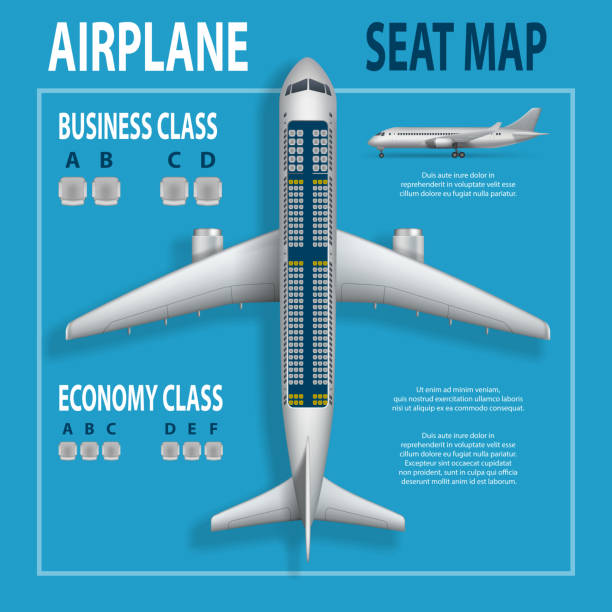 Banner, poster, flyer with airplane seats plan. Business and economy classes top view Aircraft information map. Realistic passenger aircraft indoor seating chart. Vector illustration Banner, poster, flyer with airplane seats plan. Business and economy classes top view Aircraft information map. Realistic passenger aircraft indoor seating chart. Vector illustration EPS 10 airplane seat stock illustrations