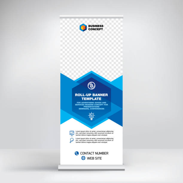 Banner, roll-up design, blue graphic template for advertising, business conferences, seminars, layout for photo and text EPS 10 meeting drawings stock illustrations