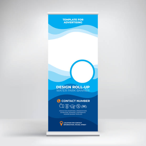 ilustrações de stock, clip art, desenhos animados e ícones de banner roll-up for water park, creative concept for presentations and advertising, template for posting photos and text. modern blue background with sea waves - display ad