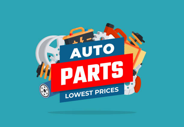 Banner template for auto parts concepts Different car parts. Various auto accessories. Concept for shop. Vector illustration in flat style. garage backgrounds stock illustrations