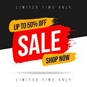 Banner template sale shop now with limited time only in brush style. Vector flat illustration. Advertisement web announcement about hot deal the best price, discount limited offer.