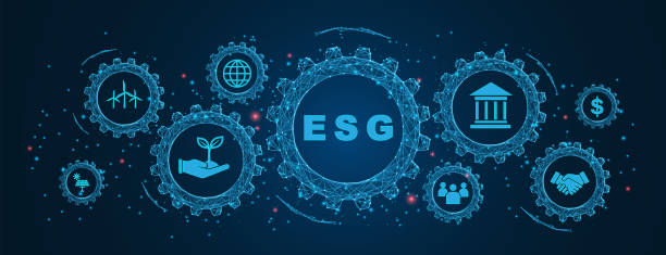 ESG banner web icon for business and organization, Environment, Social, Governance in Cogs and gear wheel mechanisms concept. wireframe low polygonal blue mesh with dots, lines, and shapes. vector art illustration