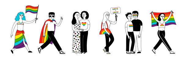 stockillustraties, clipart, cartoons en iconen met banner met een groep mensen die aan een parade van de trots deelnemen. - gay demonstration