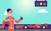 Banner with a racer, karting track and a red race car. Carting racing sports competitions or entertainment. Vector flat illustration.