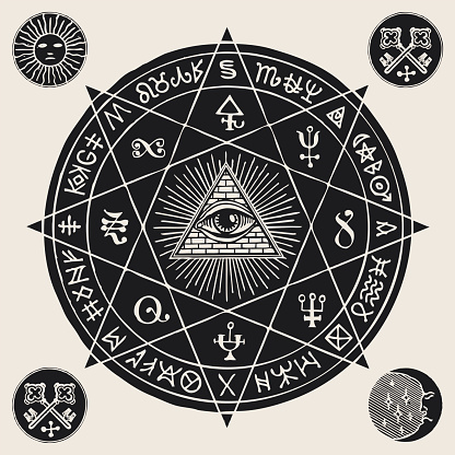 banner with an all-seeing and esoteric symbols