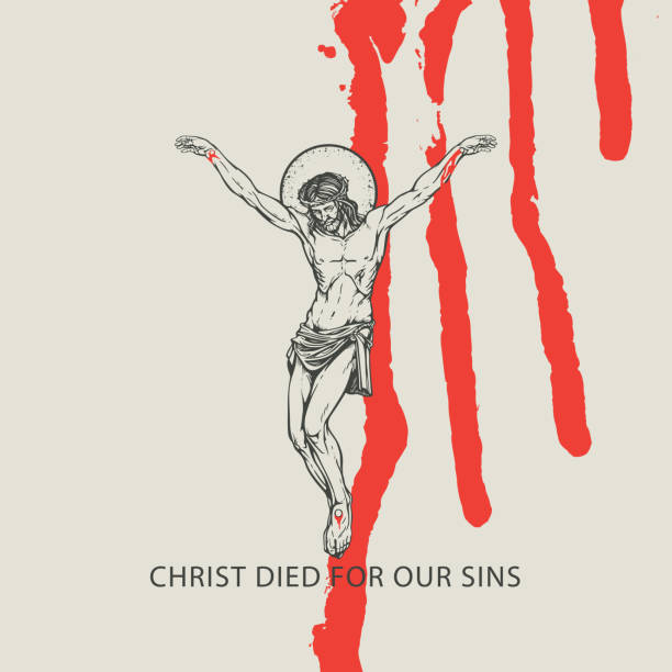banner with crucified Jesus Christ and blood drips  drawing of the good friday stock illustrations