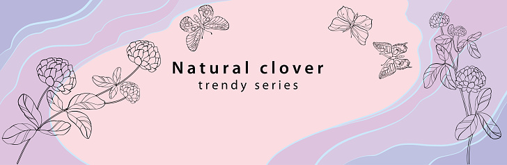 Banner with doodles of clover flowers, hand-painted butterflies on a luxurious colorful background. Vector illustration