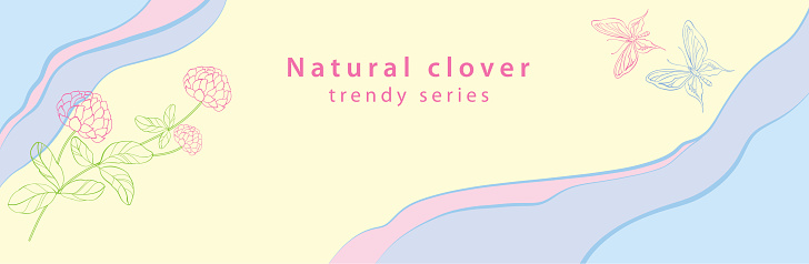 Banner with doodles of clover flowers, hand-painted butterflies on a luxurious colorful background. Vector illustration