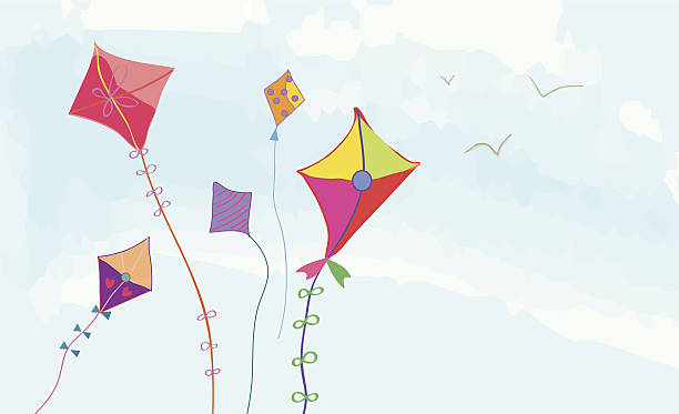 Banner with sky, kites and birds vector art illustration