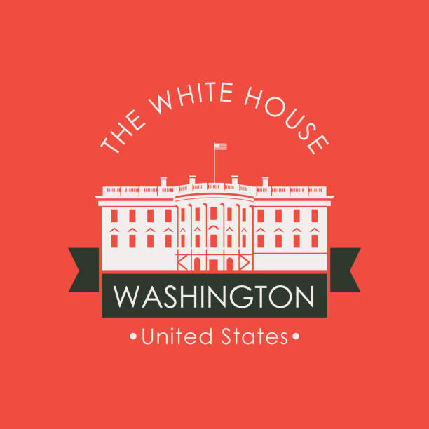 Banner with the White house in Washington DC, USA Vector travel banner or logo. The famous presidential residence the White house in Washington DC, USA. American landmark in retro style on red background white house stock illustrations