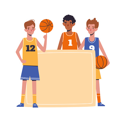 Banner with young basketball players. Flat design concept with funny kids playing ball. Vector illustration of boys, on a white backgroun
