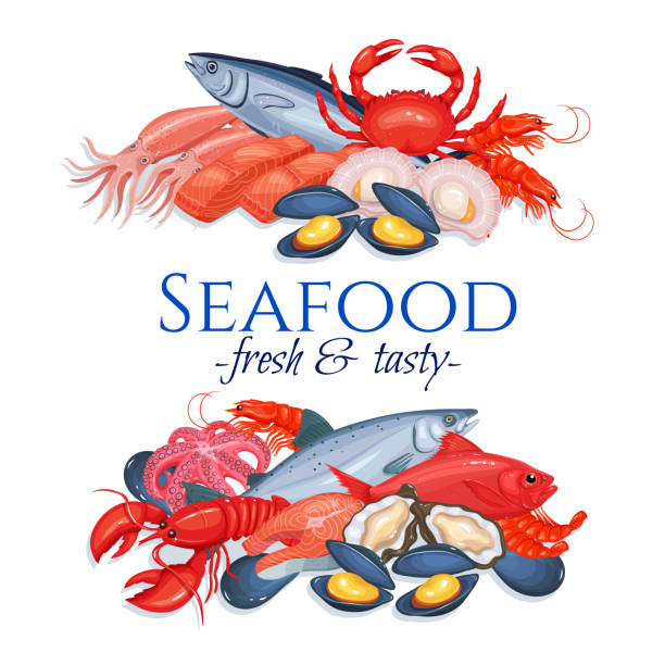 Banners seafood Banners seafood page design with mussel, fish salmon, shrimp. Lobster, squid, octopus, scallop, lobster, craps, mollusk or oyster, alfonsino and tuna for product market shrimp seafood stock illustrations