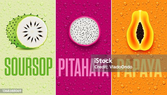istock Banners with soursop, papaya,  and many fresh juice drops 1368388069