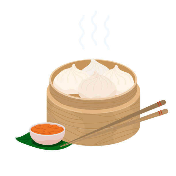 baozi mantou momo. asian traditional food dumplings in bamboo steamer - taiwan 幅插畫檔、美工圖案、卡通及圖標