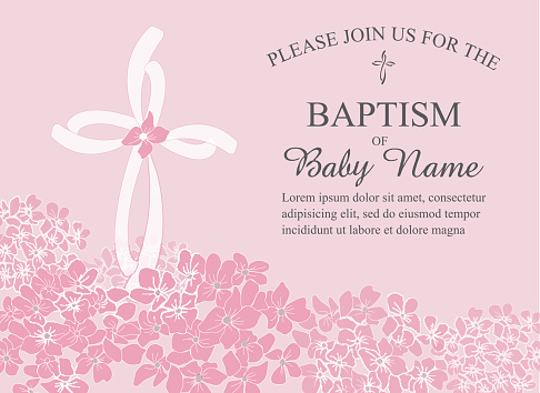 Baptism, Christening Invitation Template with Hydrangea Flowers and Cross