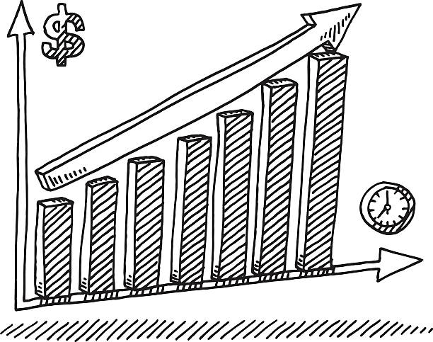 Hand-drawn vector drawing of a Bar Chart Success Concept, the X-Axis equates to Time, the Y-Axis equates to Money. Black-and-White sketch on a transparent background (.eps-file). Included files are EPS (v10) and Hi-Res JPG.