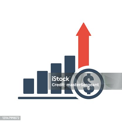 istock bar chart with red up arrow and dollar coin, vector icon 1314799872