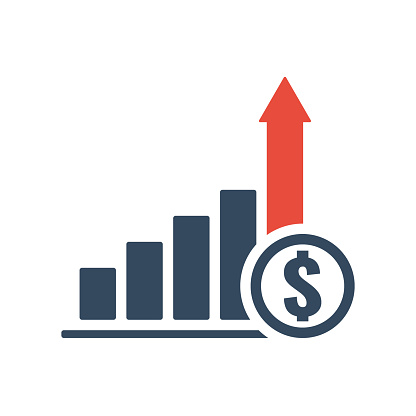 bar chart with red up arrow and dollar coin, vector icon