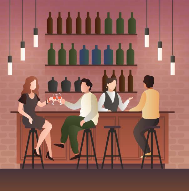 Bar counter. Man and woman on date with drink in bar, People sitting in a pub and drinking wine, Cartoon flat vector illustration Bar counter. Man and woman on date with drink in bar, People sitting on the chairs in a pub and drinking beer and wine Ñartoon flat vector illustration date night stock illustrations