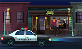 Bar exterior flat vector illustration. Drunk male pub visitors cartoon characters. Police patrol car near bar building. Town street patrolling. Law and order, crime prevention, policing concept
