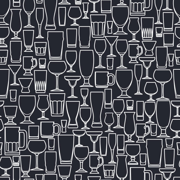 Bar Glass Pattern Vector Illustration of Outline silhouette Set of Bar Glasss  for Design, Website, Background, Banner. Restaurant Seamless Pattern Template for Menu. Vodka, Beer, Whiskey, Wine cocktail patterns stock illustrations