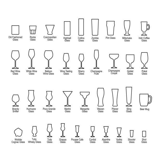 Bar glassware with titles, line icons set Bar glassware with names, black silhouette icons set, vector illustration. highball glass stock illustrations
