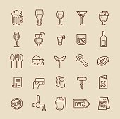 Different kinds of bar icons such as drinks, food cutlery, bar signs