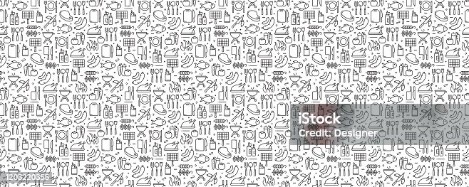 istock Barbecue and Grill Related Seamless Pattern and Background with Line Icons 1203220355