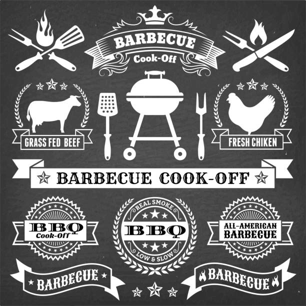 Barbecue Badges and Banners on Black Chalkboard Barbecue Badges and Banners on Black Chalkboard. This royalty free vector illustration features a set of Christaian Religious Crosses in white color on a dark chalkboard. Each 100% vector design element can be used independently or as part of this royalty free graphic set. The blackboard has a slight texture. cooking competition stock illustrations