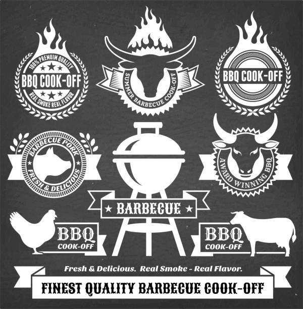 Barbecue Badges and Banners on Black Chalkboard Barbecue Badges and Banners on Black Chalkboard. This royalty free vector illustration features a set of Christaian Religious Crosses in white color on a dark chalkboard. Each 100% vector design element can be used independently or as part of this royalty free graphic set. The blackboard has a slight texture. cooking competition stock illustrations
