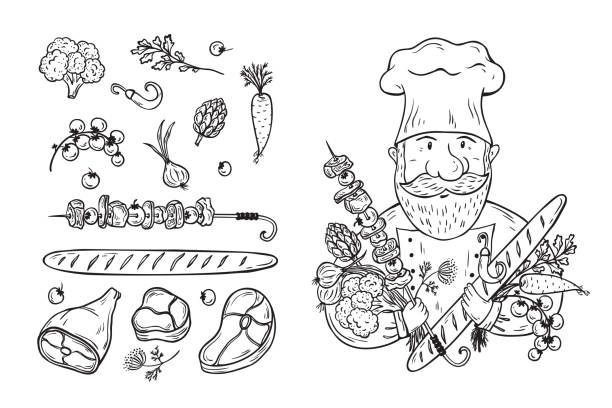 바베큐 컬렉션입니다. 메뉴 디자인에 대한 벡터 집합입니다. 손으로 그린 낙서 요리사 와 음식. 생고기 슬라이스 조각, 꼬치에 바베큐 고기, 바게트 덩어리와 신선한 야채 - meat loaf stock illustrations