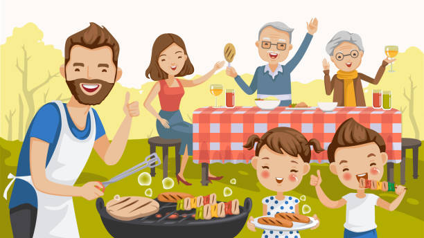 stockillustraties, clipart, cartoons en iconen met barbecue familie - family garden,party