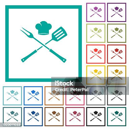 istock Barbecue fork and spatula with chef hat flat color icons with quadrant frames 1323011033