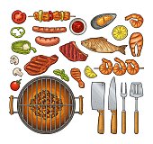 Barbecue grill set with fork, knifes, spatula, kebab, sausage, chicken leg, steak, fish, oyster, shrimp, basil, lemon. Vintage monochrome and color vector engraving isolated on white background