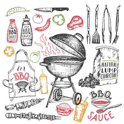 Barbecue hand drawn elements set in sketch style isolated on white background. Tools and foods for bbq party