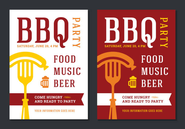 바베큐 파티 초대 전단지 또는 포스터 디자인 벡터 템플릿 - bbq stock illustrations