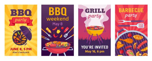 grill-plakate. bbq-party-einladungen für sommer-outdoor-picknick im park oder hinterhof mit essen auf grill. cookout ereignis flyer vektor-set - grillen stock-grafiken, -clipart, -cartoons und -symbole