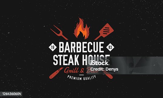 istock Barbecue, Steak House restaurant logo, poster. BBQ grill logo with fire flame, spatula and grill fork. Vector emblem template. 1264360604