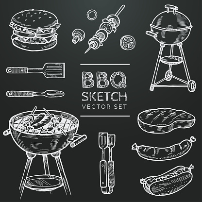 Barbecue vector chalk sketch set. Hand drawn grill, hamburger, skewer, hot dog, steak, sausage. Set for grilling doodle illustration. Bbq party hand drawn design elements. Eps 10