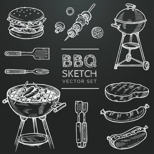vektor kreide skizze grillset. die hand gezeichnete grill, hamburger, spieß, hot-dog, steak, wurst. zum grillen von doodle abbildung eingestellt. bbq party handgezeichneten design-elemente. eps-10 - grillen stock-grafiken, -clipart, -cartoons und -symbole