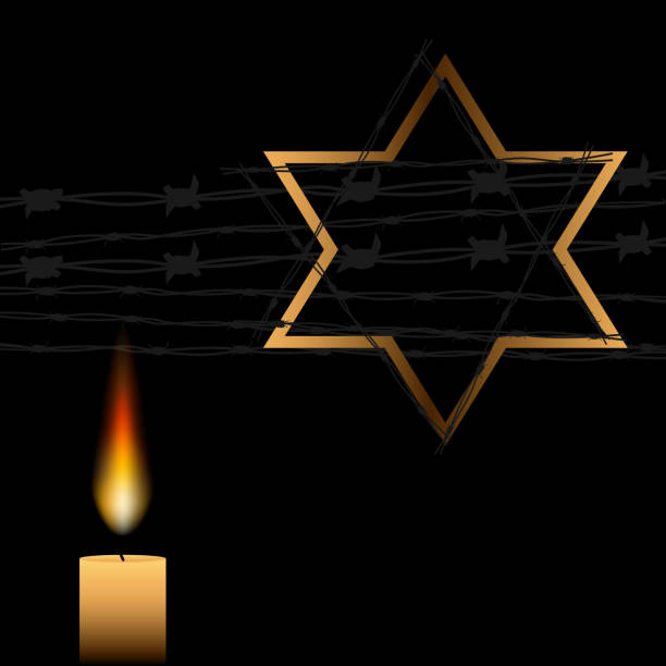 ilustraciones, imágenes clip art, dibujos animados e iconos de stock de alambre de púas y una vela conmemorativa, cartel del día internacional de la memoria del holocausto, 27 de enero. - holocaust remembrance day