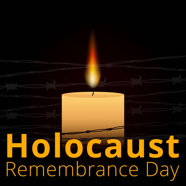 drut kolczasty i jedna świeca pamiątkowa, plakat międzynarodowego dnia pamięci o ofiarach holokaustu, 27 stycznia. - holocaust remembrance day stock illustrations